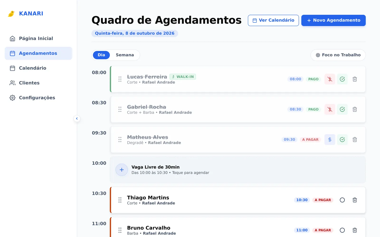 Quadro de agendamentos da Kanari com atendimentos concluídos, pagos, a pagar e uma vaga livre de 30 minutos