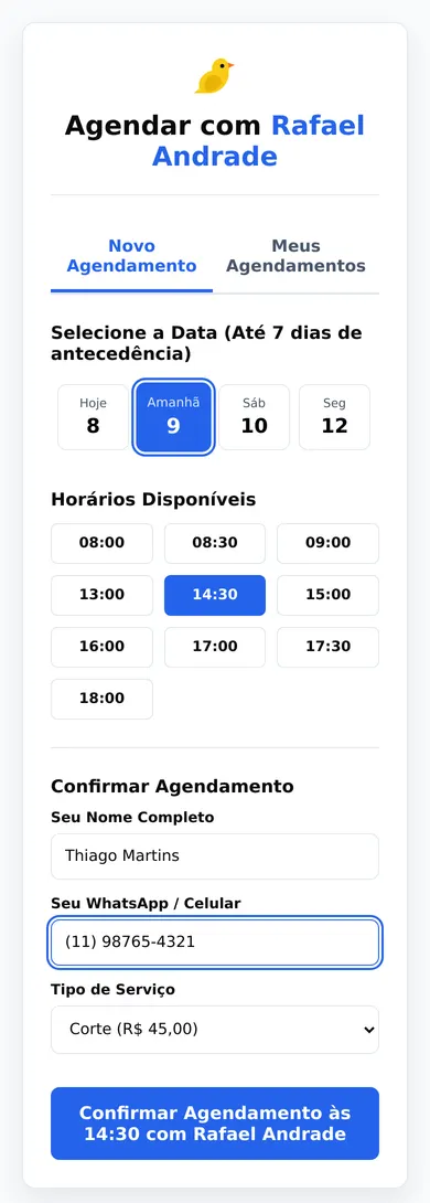 Link de agendamento da Kanari no celular: o cliente escolhe o dia e o horário, informa nome, WhatsApp e serviço e confirma