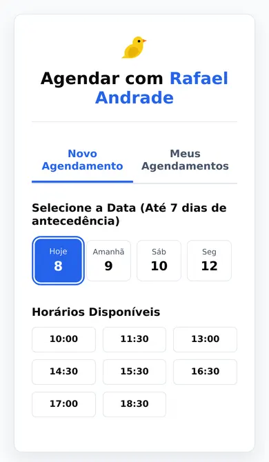 Página de agendamento pelo link no celular, com os dias e horários disponíveis